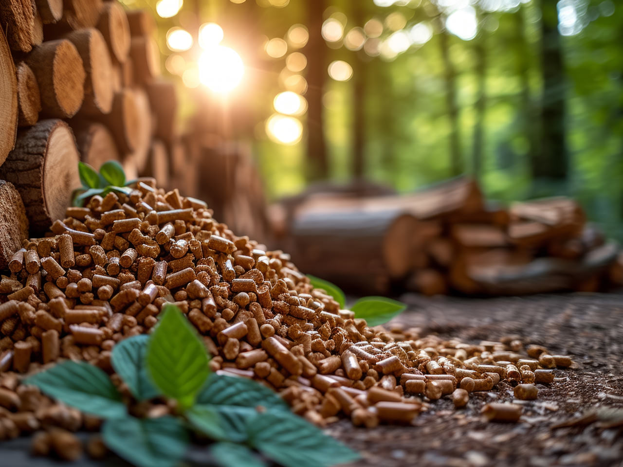 Gefällte Baumstämme liegen auf dem Waldboden, davor gehäufte Holzpellets mit grünem Blatt obendrauf.