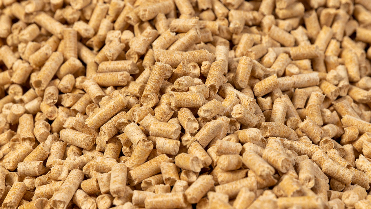 Eine Holzplatte mit Holzpellets steht vor einem Kaminfeuer im Wohnzimmer und sorgt für eine warme, gemütliche und weihnachtliche Atmosphäre.